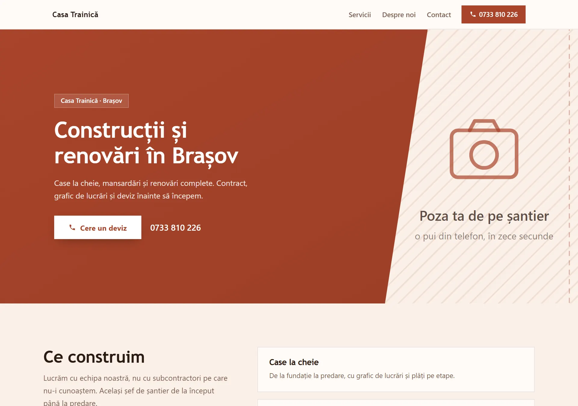 Site generat pentru Casa Trainică, firmă de construcții din Brașov: panou teracotă tăiat în diagonală peste poza de pe șantier, apoi lista de lucrări.