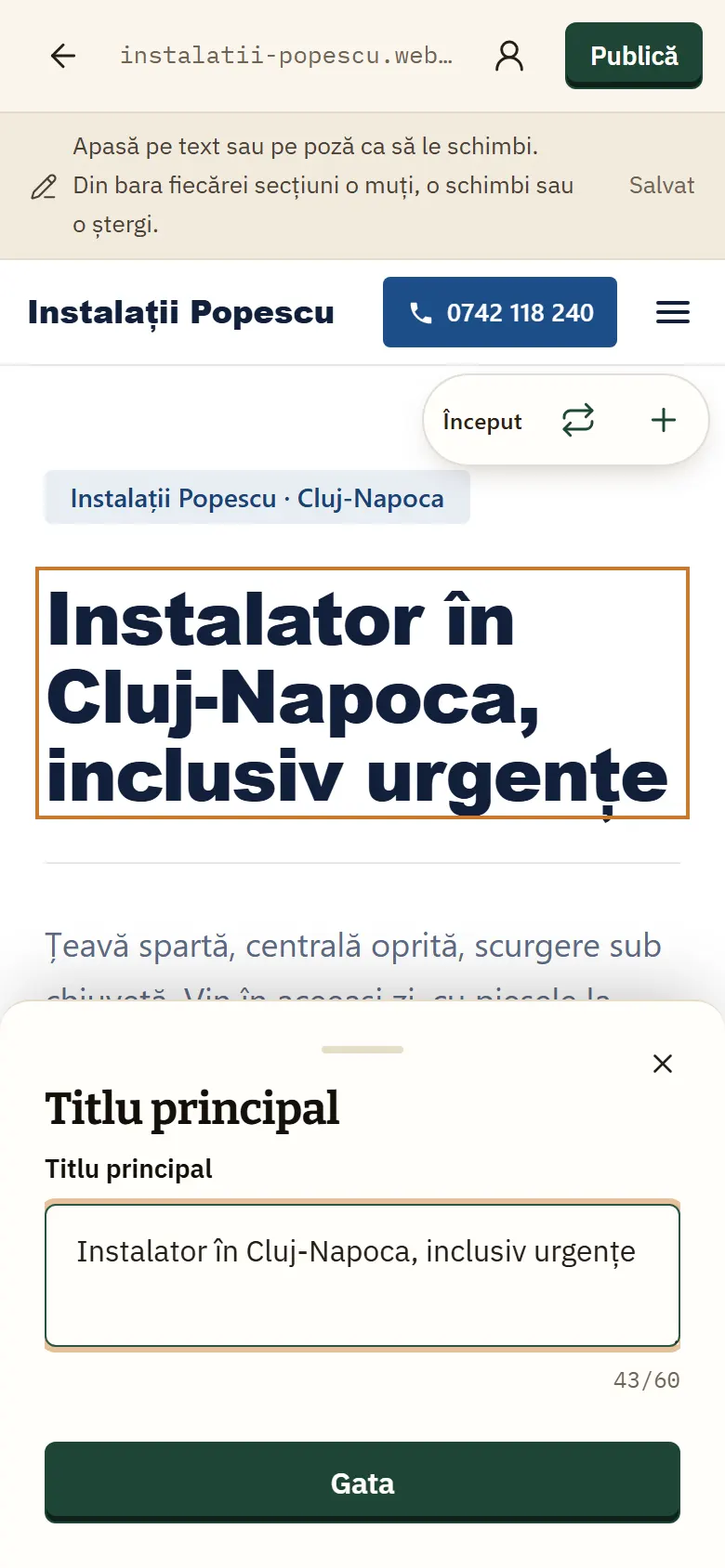 Editorul pe telefon: site-ul demo Instalații Popescu, cu titlul apăsat și panoul de editare deschis dedesubt.