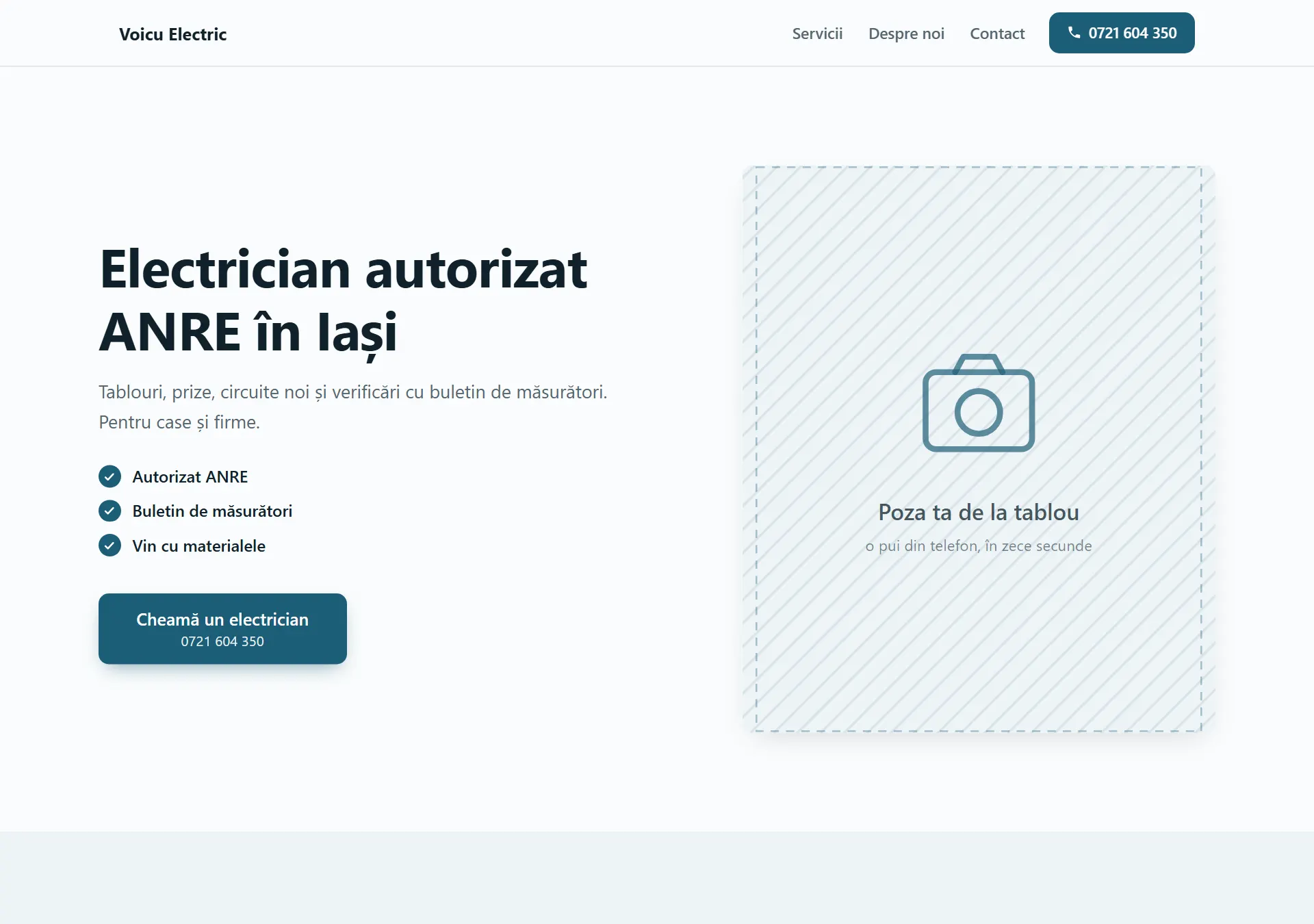 Site generat pentru Voicu Electric, electrician autorizat în Iași: titlu cu trei atuuri bifate în stânga și locul pentru poza de la tablou în dreapta.