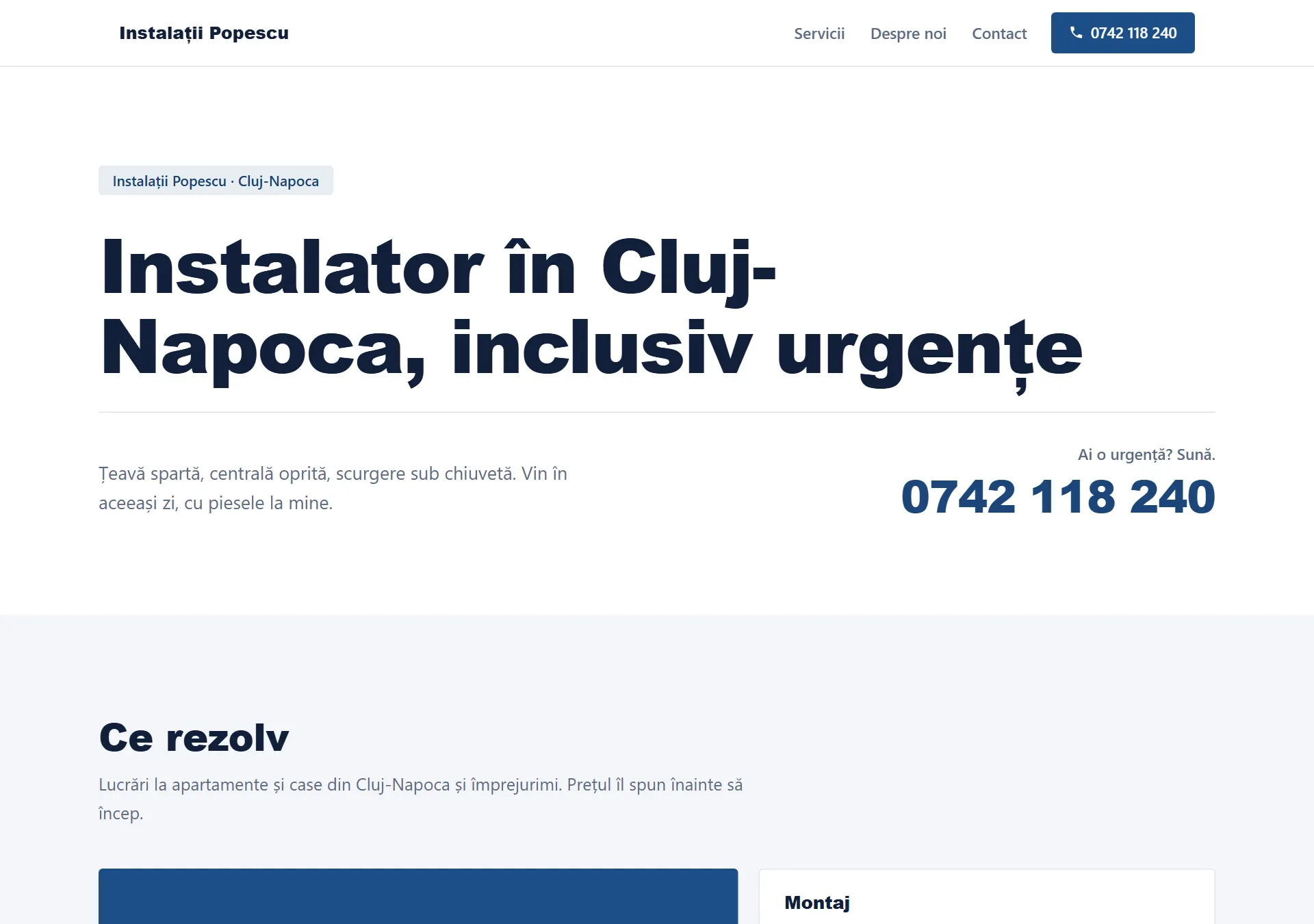 Site generat pentru Instalații Popescu, instalator în Cluj-Napoca: titlu mare, fără poză, cu numărul de telefon scris cu litere mari și lista de servicii dedesubt.