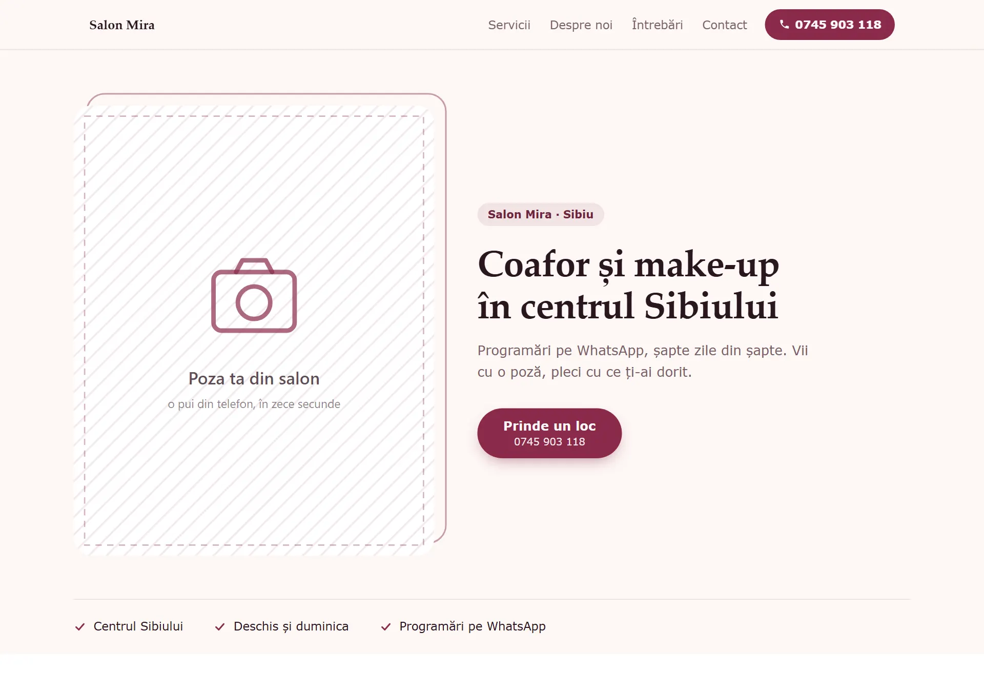 Site generat pentru Salon Mira, coafor și make-up în Sibiu: poza din salon într-o ramă rotunjită în stânga, titlul și butonul în dreapta, trei repere dedesubt.